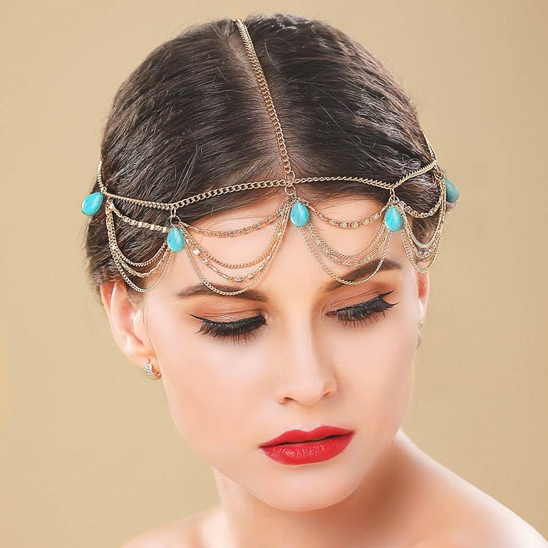Barogirl Gold Head Chain Jewelry Turquoise Headpiece Boho Hair Chain for Women and Girls - Image 5